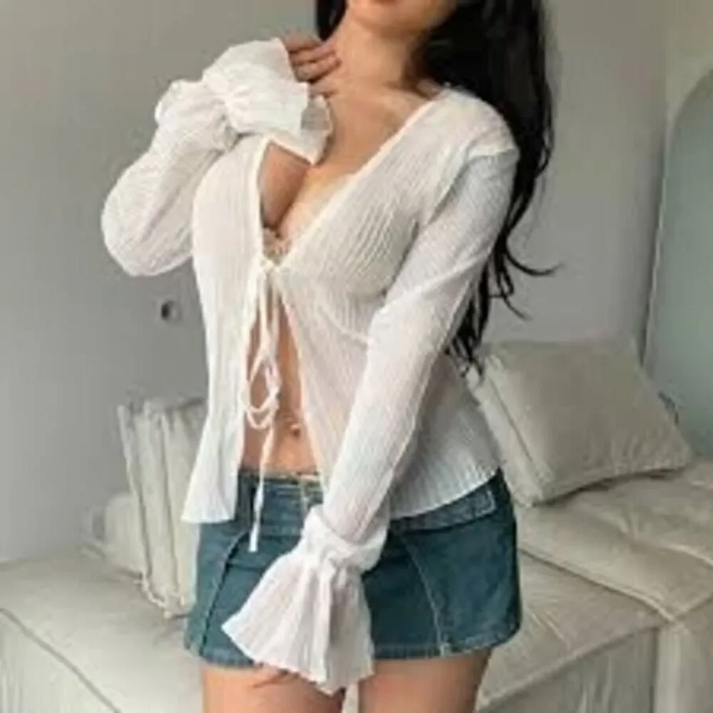 Commense  Long Sleeve Top‎ Sheer White Aesthetic Size Small - Picture 4 of 9